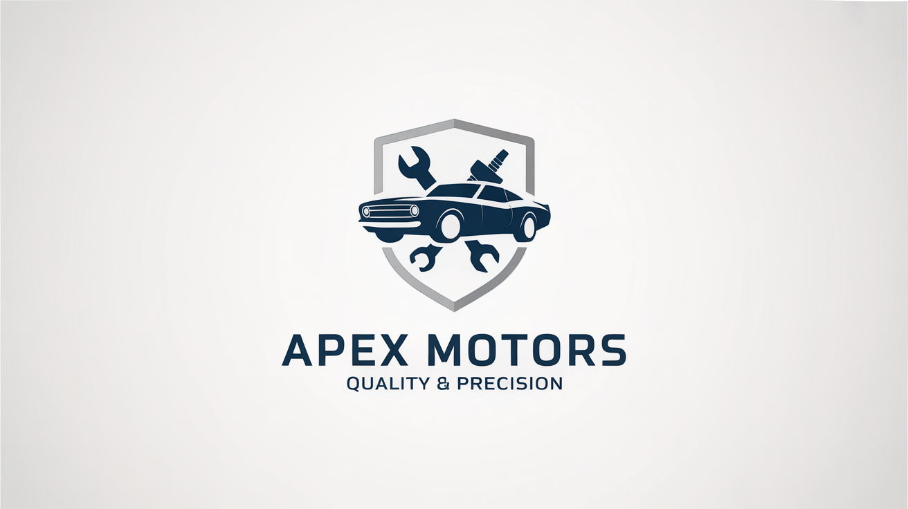 A professional logo for an auto repair shop named 'Apex Motors'. The logo features a shield with a car, wrench, and spark plug, presented on a clean white background.