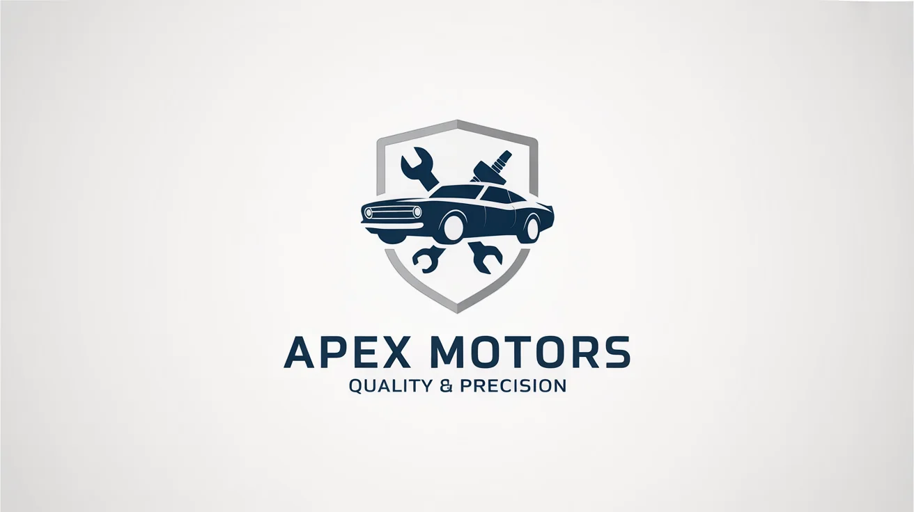 A professional logo for an auto repair shop named 'Apex Motors'. The logo features a shield with a car, wrench, and spark plug, presented on a clean white background.