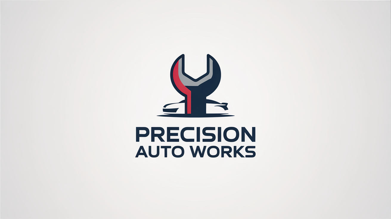 A professional logo for an auto repair business named 'Precision Auto Works', featuring a stylized wrench and car silhouette in blue, silver, and red on a white background.