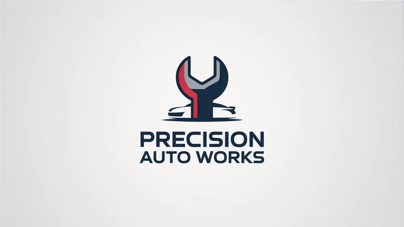 A professional logo for an auto repair business named 'Precision Auto Works', featuring a stylized wrench and car silhouette in blue, silver, and red on a white background.