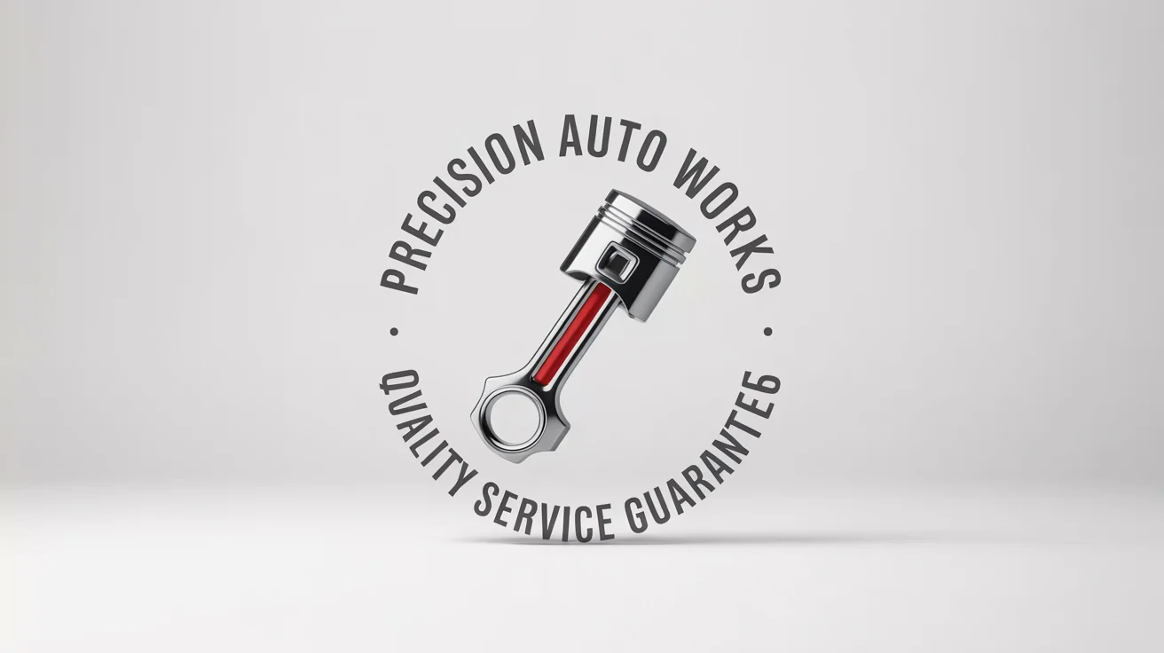 A modern, circular logo for 'Precision Auto Works'. The logo features a chrome wrench and red piston, with the company name and tagline 'Quality Service Guaranteed' written around it. The logo is presented in 3D on a white background.
