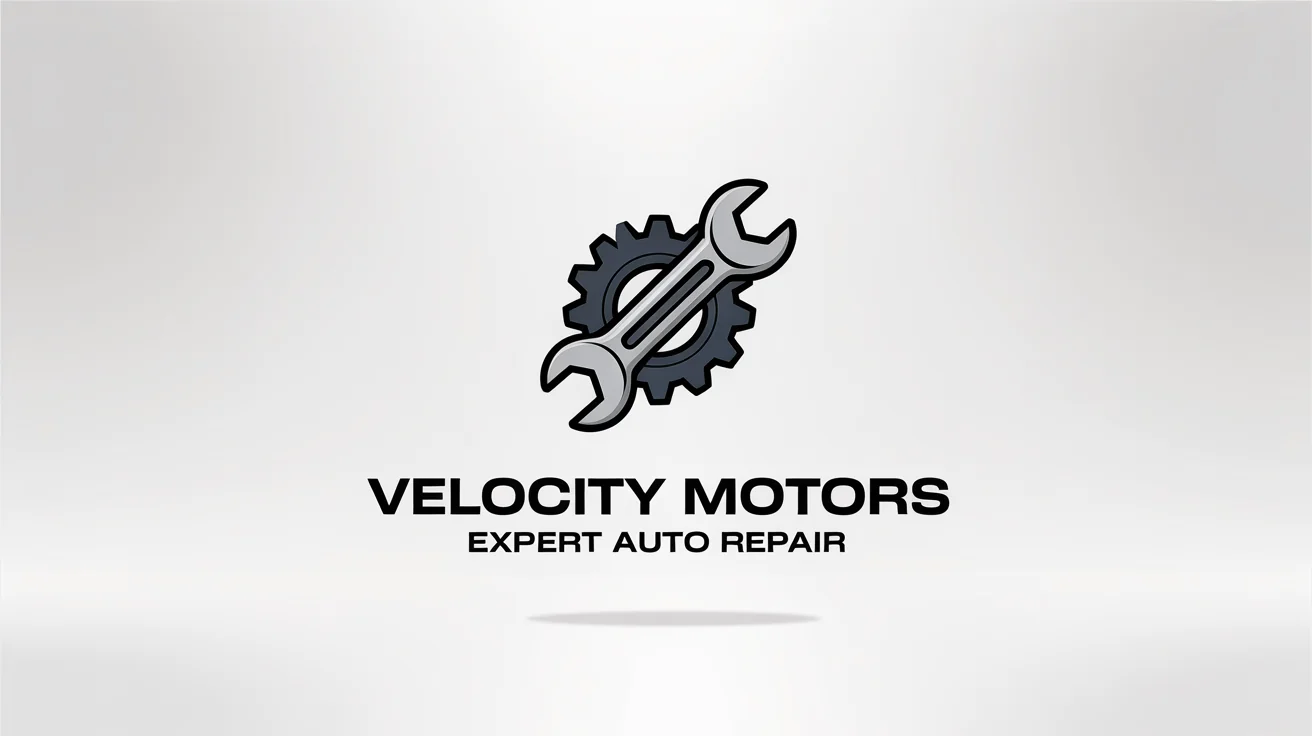 A modern logo for an auto repair shop named 'Velocity Motors', featuring a silver wrench and a dark gray gear on a white background.