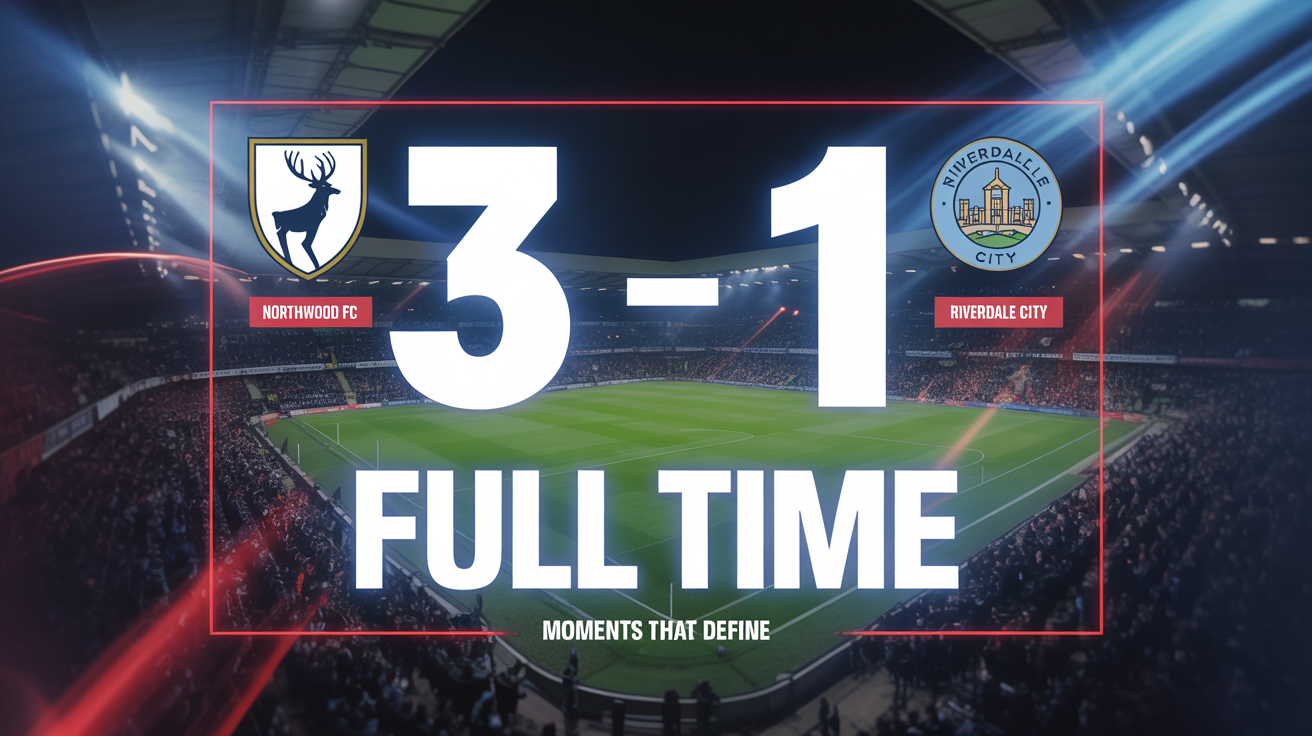 A professional football score graphic showing the final score of a match between Northwood FC (3) and Riverdale City (1), with the text 'FULL TIME' displayed in a modern, dark design.