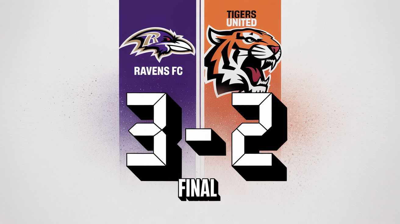A professional football score graphic mockup showing the final score of 3-2 between Ravens FC and Tigers United, displayed on a clean white background.
