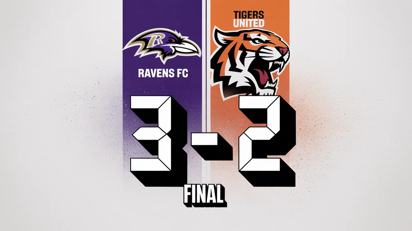 A professional football score graphic mockup showing the final score of 3-2 between Ravens FC and Tigers United, displayed on a clean white background.
