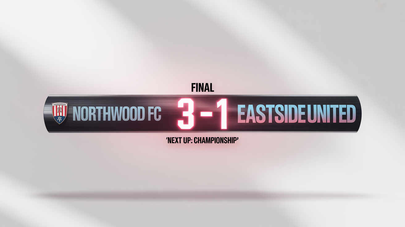 A professional football score graphic mockup displaying a final score of 3-1 between Northwood FC and Eastside United, set against a clean white background.