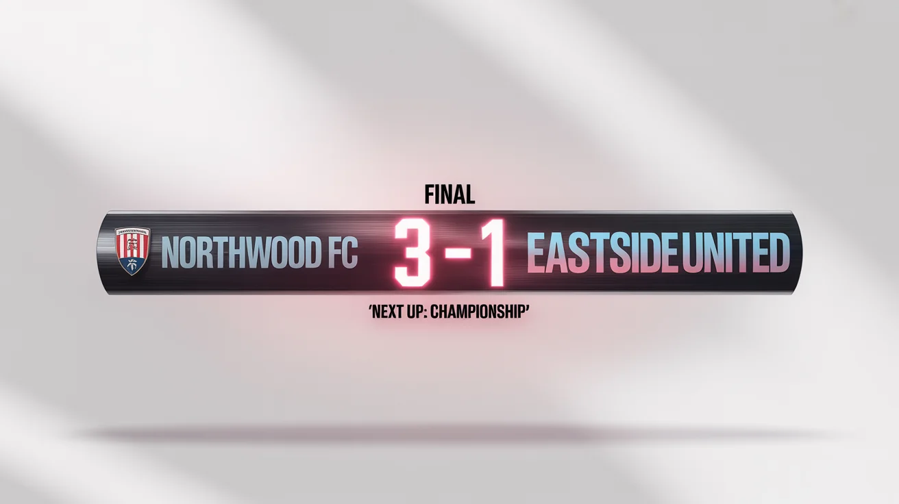 A professional football score graphic mockup displaying a final score of 3-1 between Northwood FC and Eastside United, set against a clean white background.