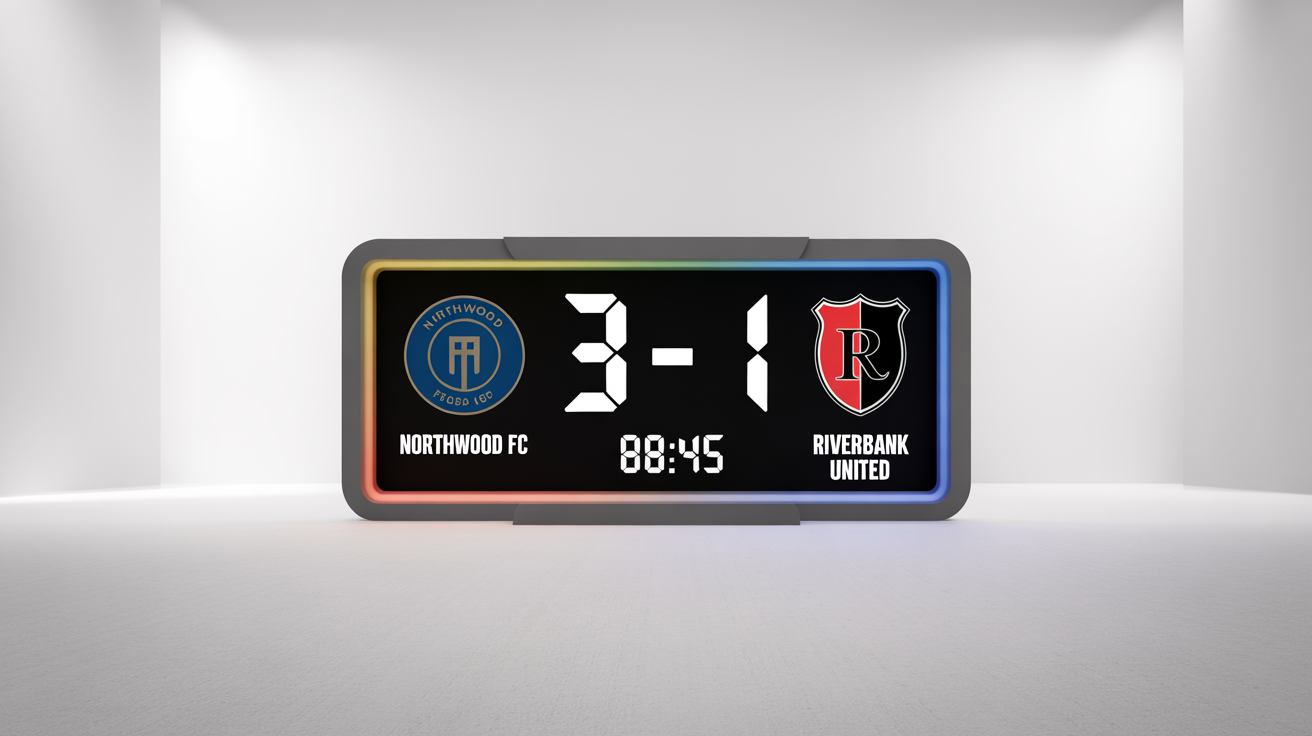 A modern football score graphic mockup showing a match between Northwood FC and Riverbank United, with the score at 3 to 1, displayed on a clean white background.