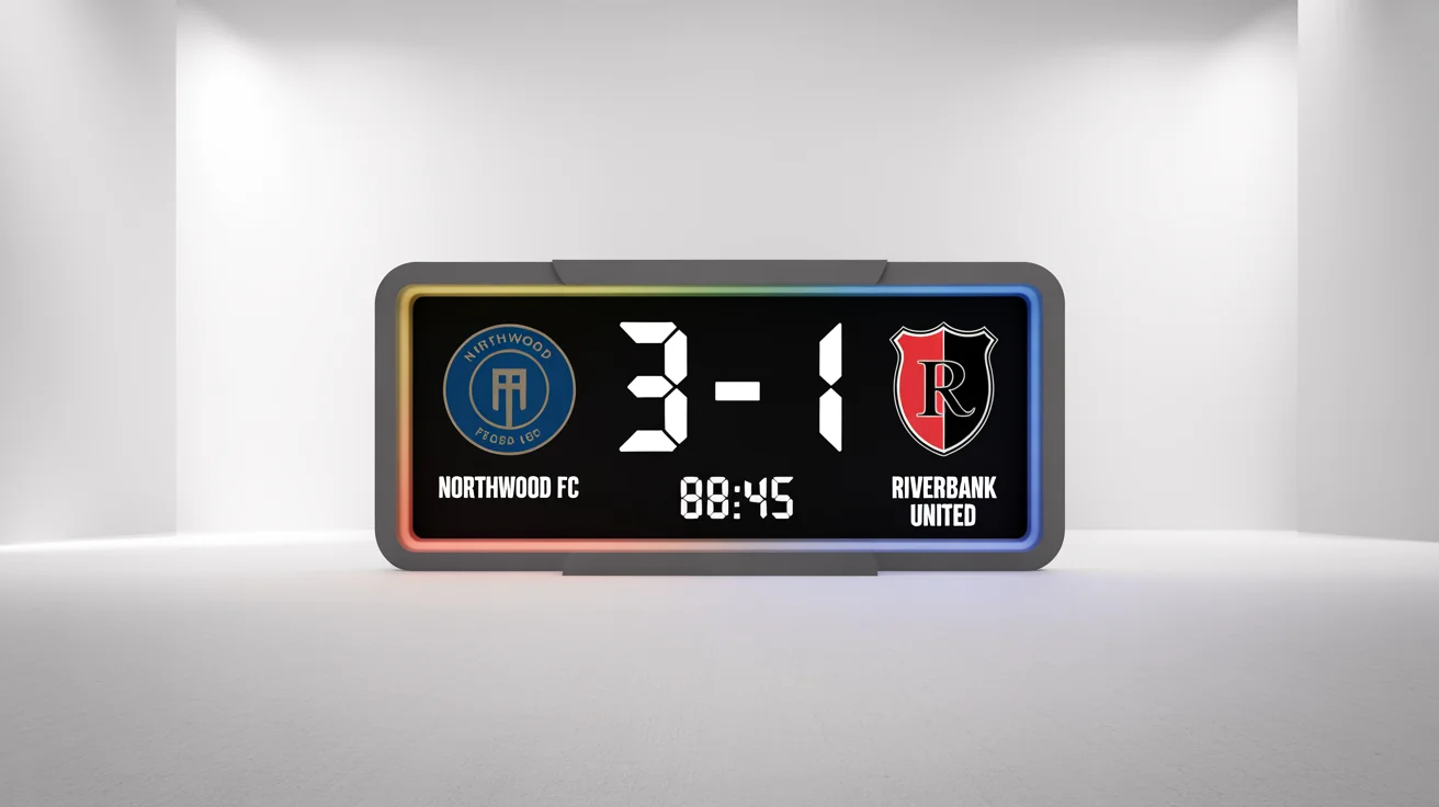 A modern football score graphic mockup showing a match between Northwood FC and Riverbank United, with the score at 3 to 1, displayed on a clean white background.