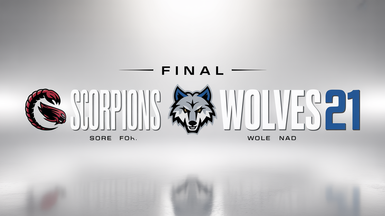 A professionally designed football score graphic mockup showing the final score. The 'SCORPIONS' have 24 points and the 'WOLVES' have 21 points, displayed in a sleek, modern broadcast style.