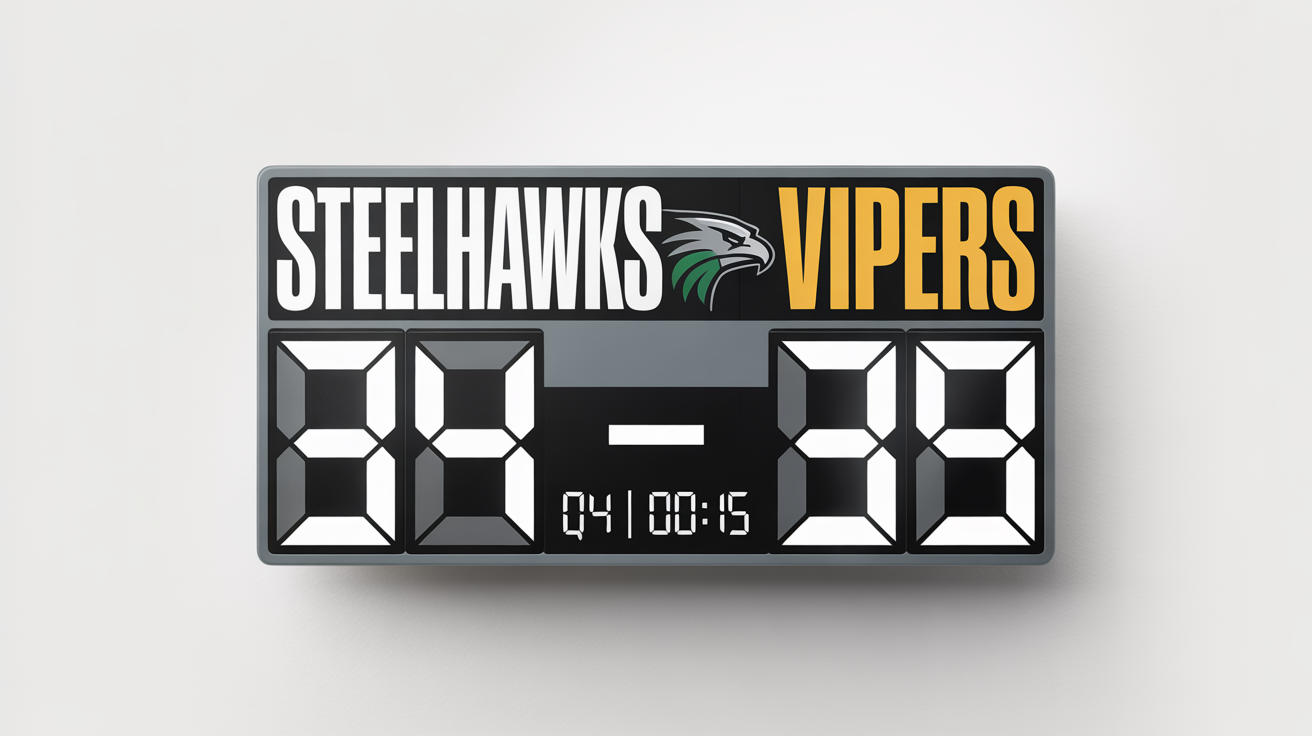 A modern football score graphic mockup showing a close game, with the Steelhawks leading the Vipers 34 to 31 in the 4th quarter.