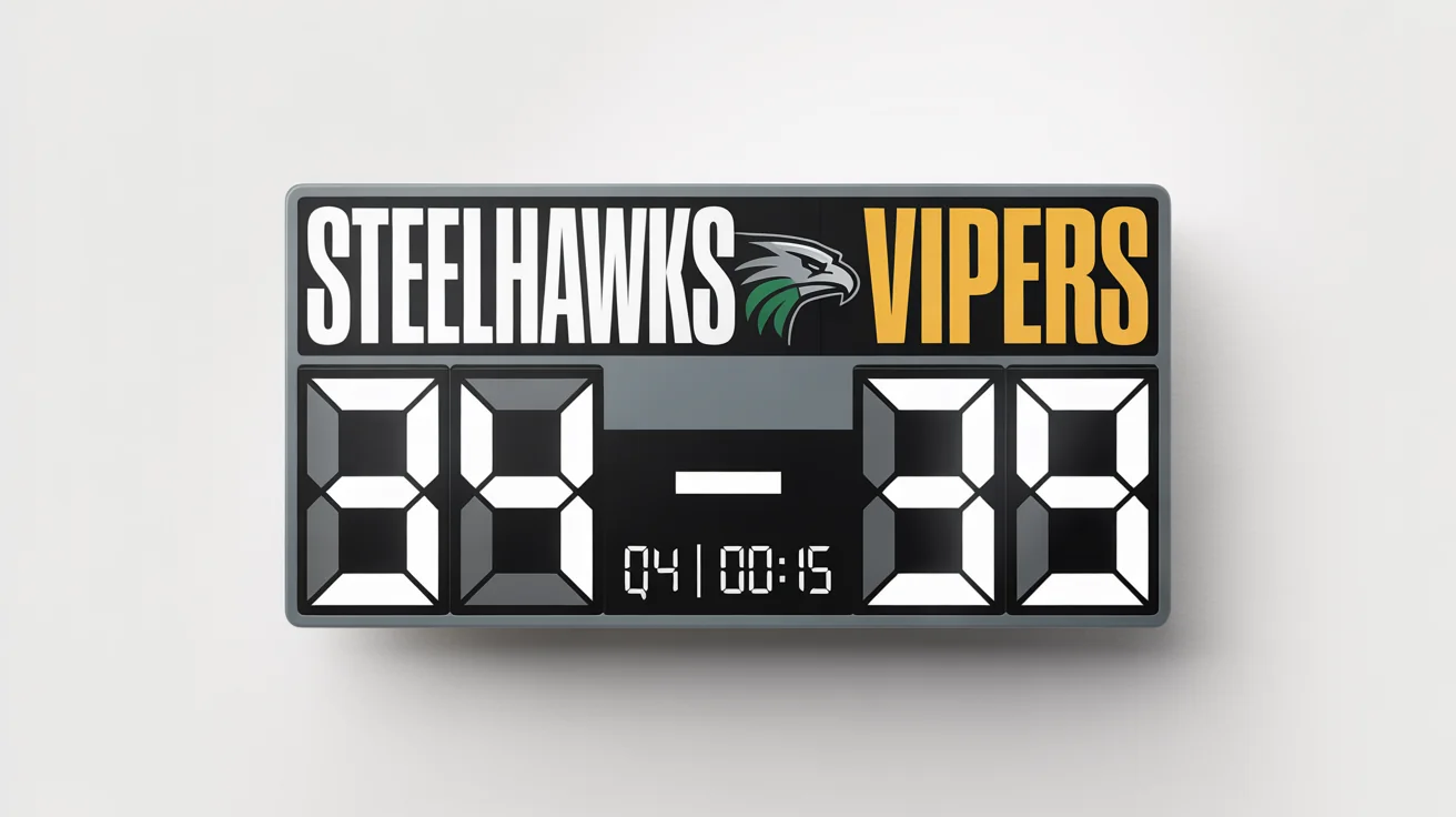 A modern football score graphic mockup showing a close game, with the Steelhawks leading the Vipers 34 to 31 in the 4th quarter.