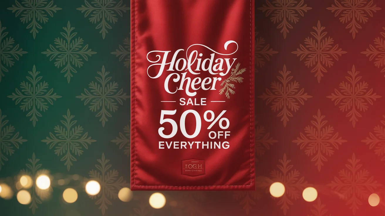 An eye-catching Christmas sale banner with a red and green background, featuring the text 'Holiday Cheer Sale - 50% Off Everything' in elegant white and gold fonts.
