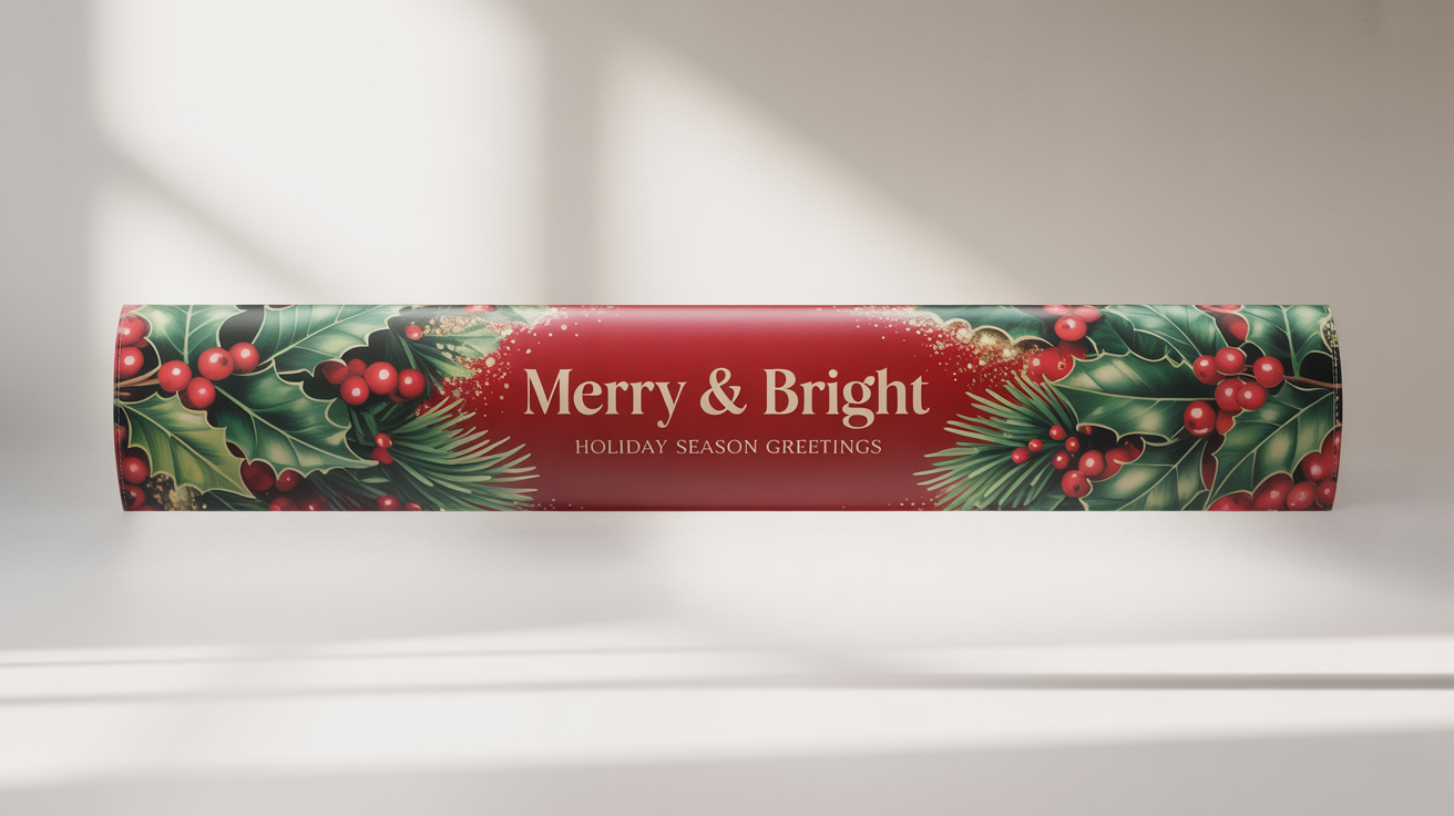 A festive red and gold horizontal Christmas banner mockup that reads 'Merry & Bright' and 'Holiday Season Greetings', displayed on a clean white background.