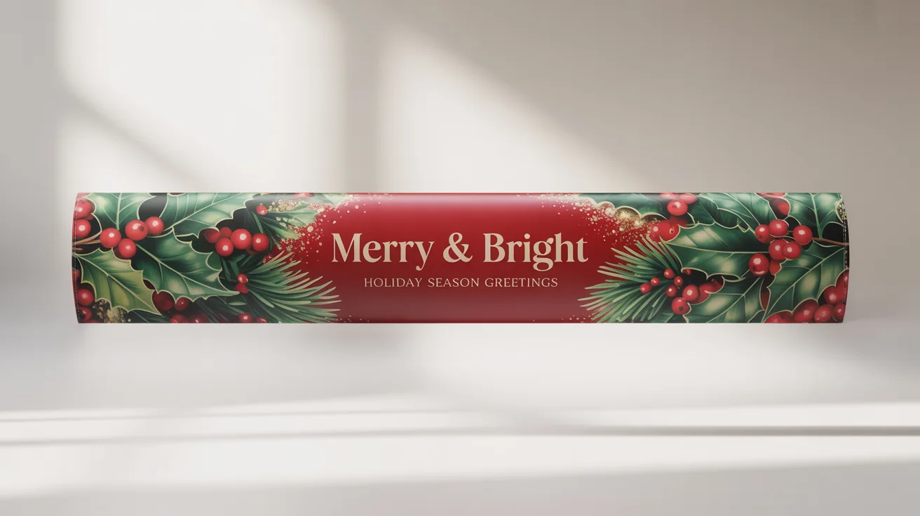 A festive red and gold horizontal Christmas banner mockup that reads 'Merry & Bright' and 'Holiday Season Greetings', displayed on a clean white background.