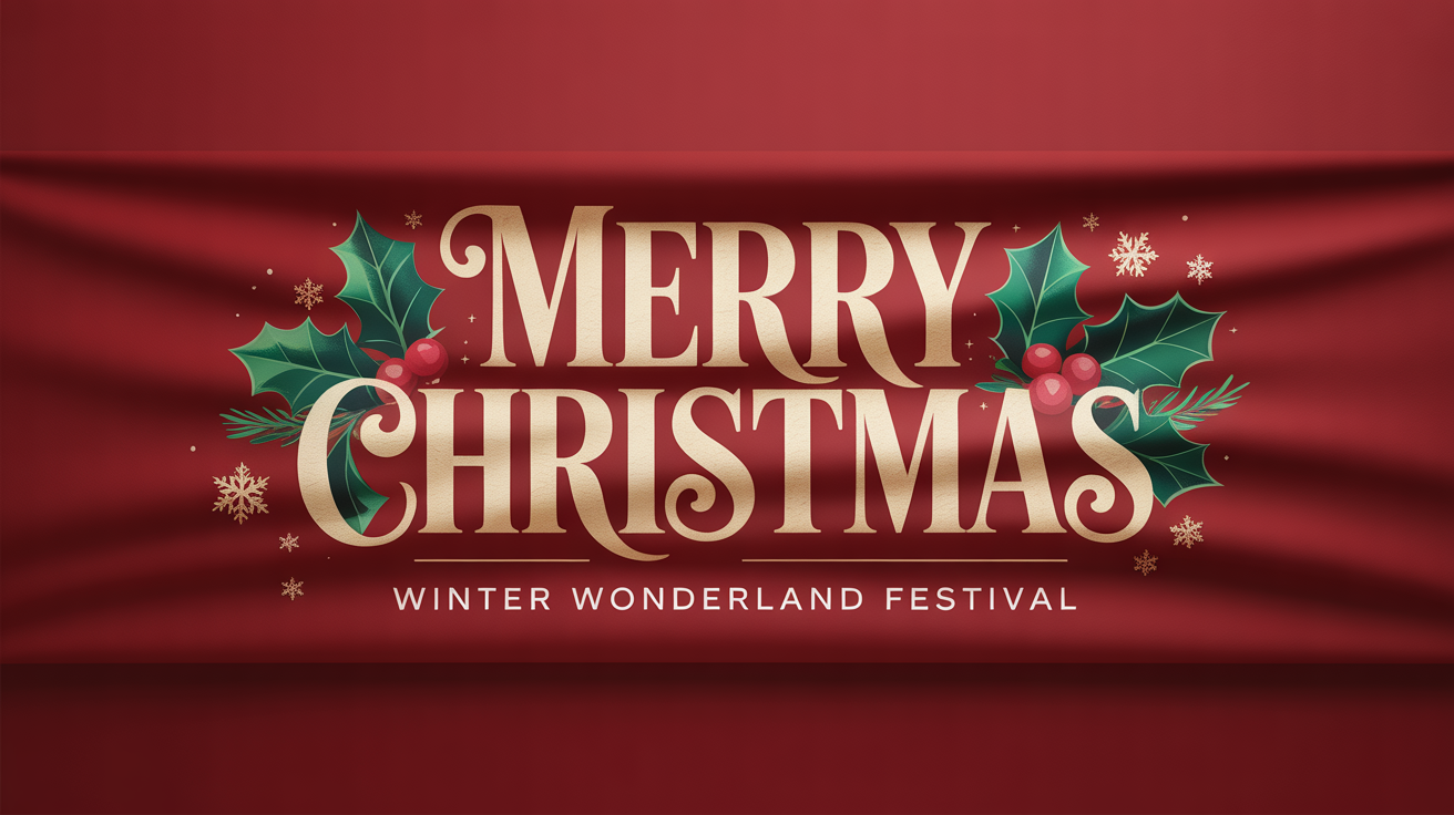 A festive horizontal Christmas banner mockup on a white background. The banner is red with gold text reading 'Merry Christmas' and 'Winter Wonderland Festival', decorated with holly and snowflakes.