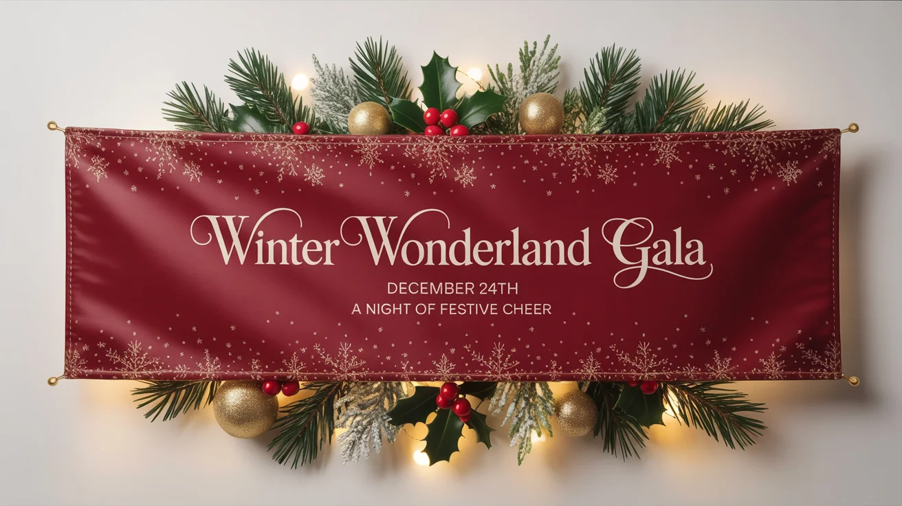 A festive red and gold Christmas banner mockup for a 'Winter Wonderland Gala' event, decorated with holly and pine branches, shown on a white background.
