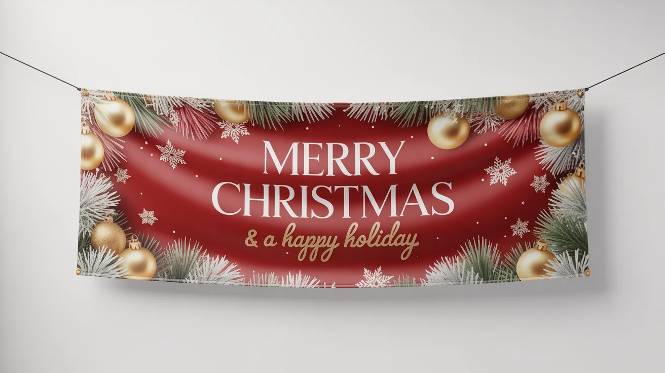 A mockup of a festive, horizontal Christmas banner with 'Merry Christmas & a Happy Holiday' text, decorated with pine branches and baubles, on a white background.
