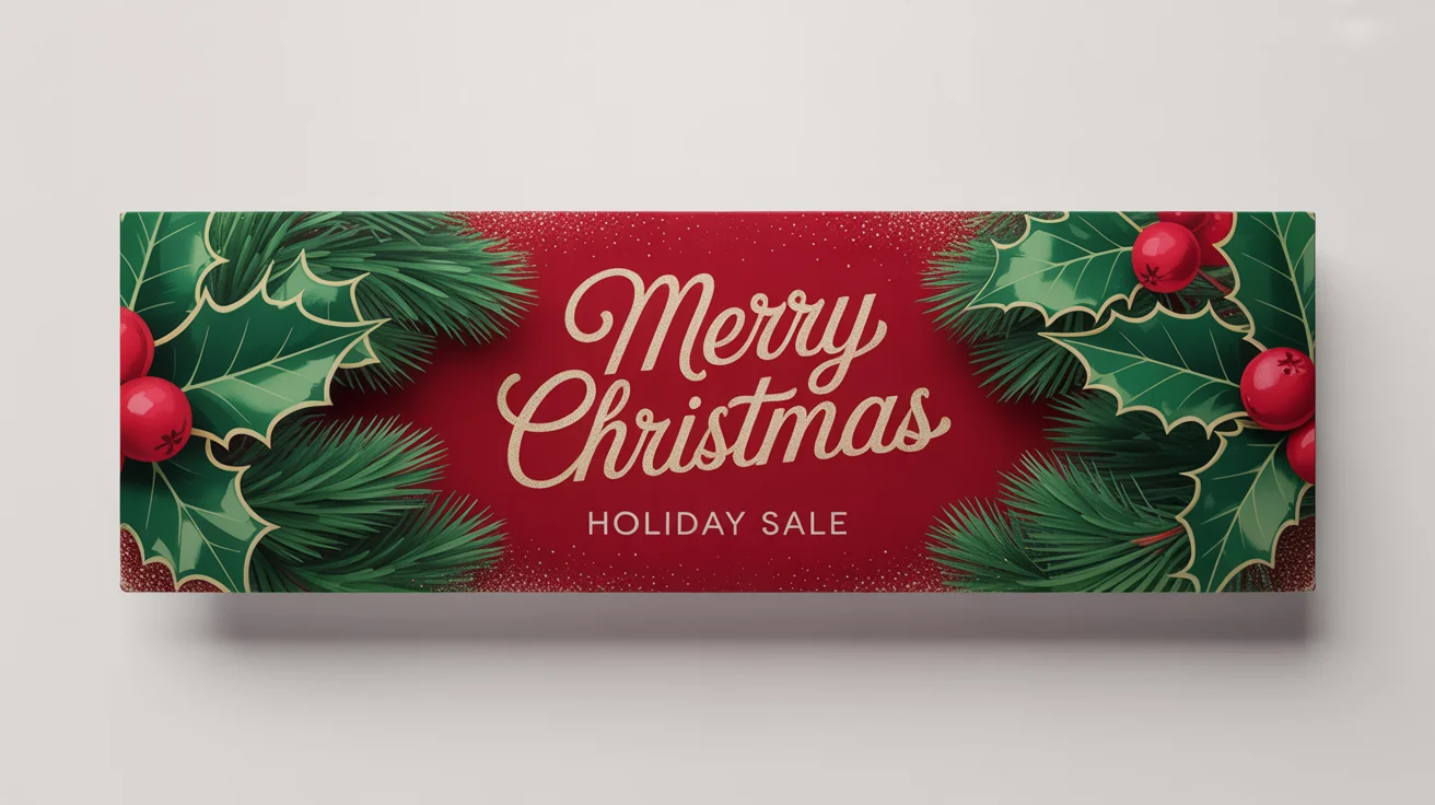 A festive horizontal Christmas banner mockup on a white background, featuring 'Merry Christmas' and 'Holiday Sale' text in gold and white, adorned with holly and pine branches.