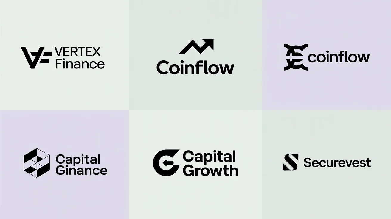 A grid of six different modern logos for financial companies, showcasing various design styles and concepts related to money and growth.