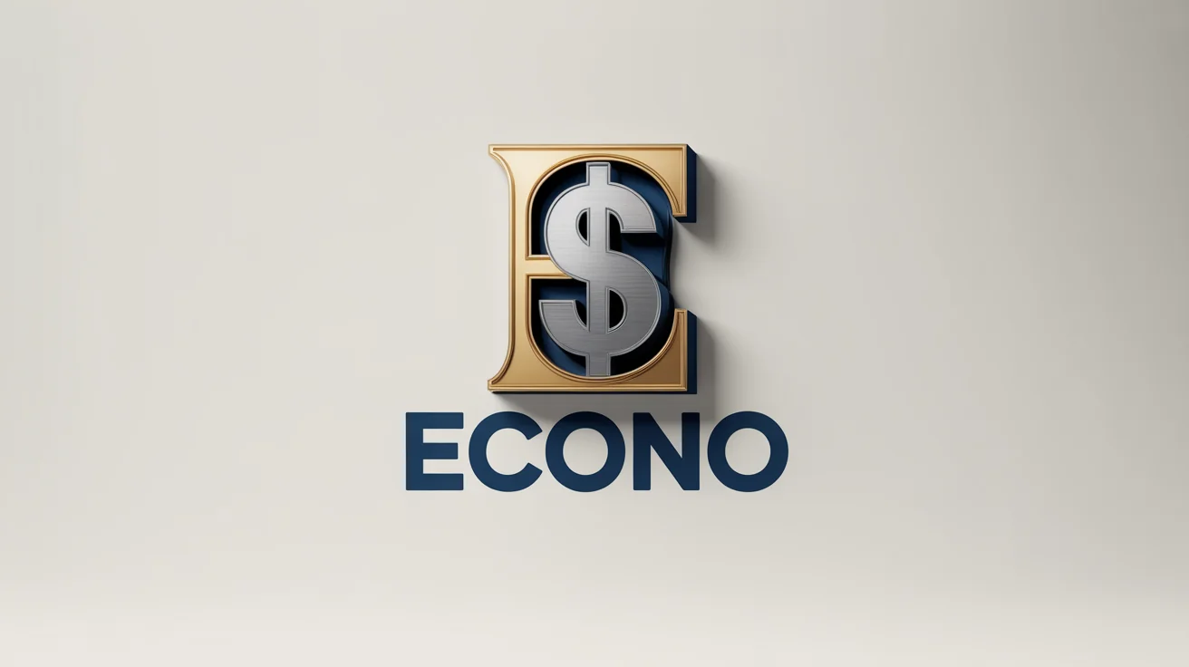 A 3D logo mockup for a financial brand named 'Econo'. The logo features a gold letter 'E' intertwined with a silver dollar sign, presented on a clean white background.