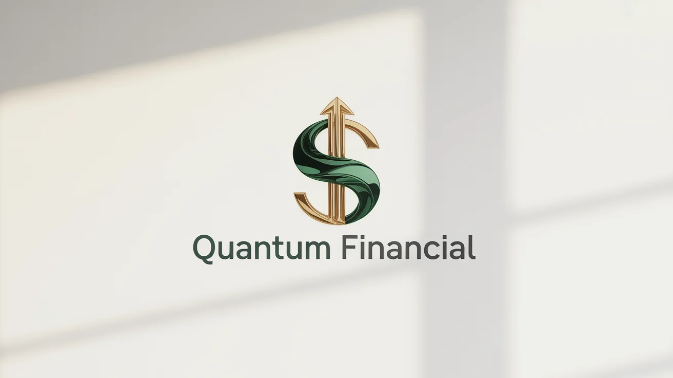 A modern money logo for 'Quantum Financial', featuring a stylized green and gold dollar sign with an upward arrow, displayed on a clean white background.