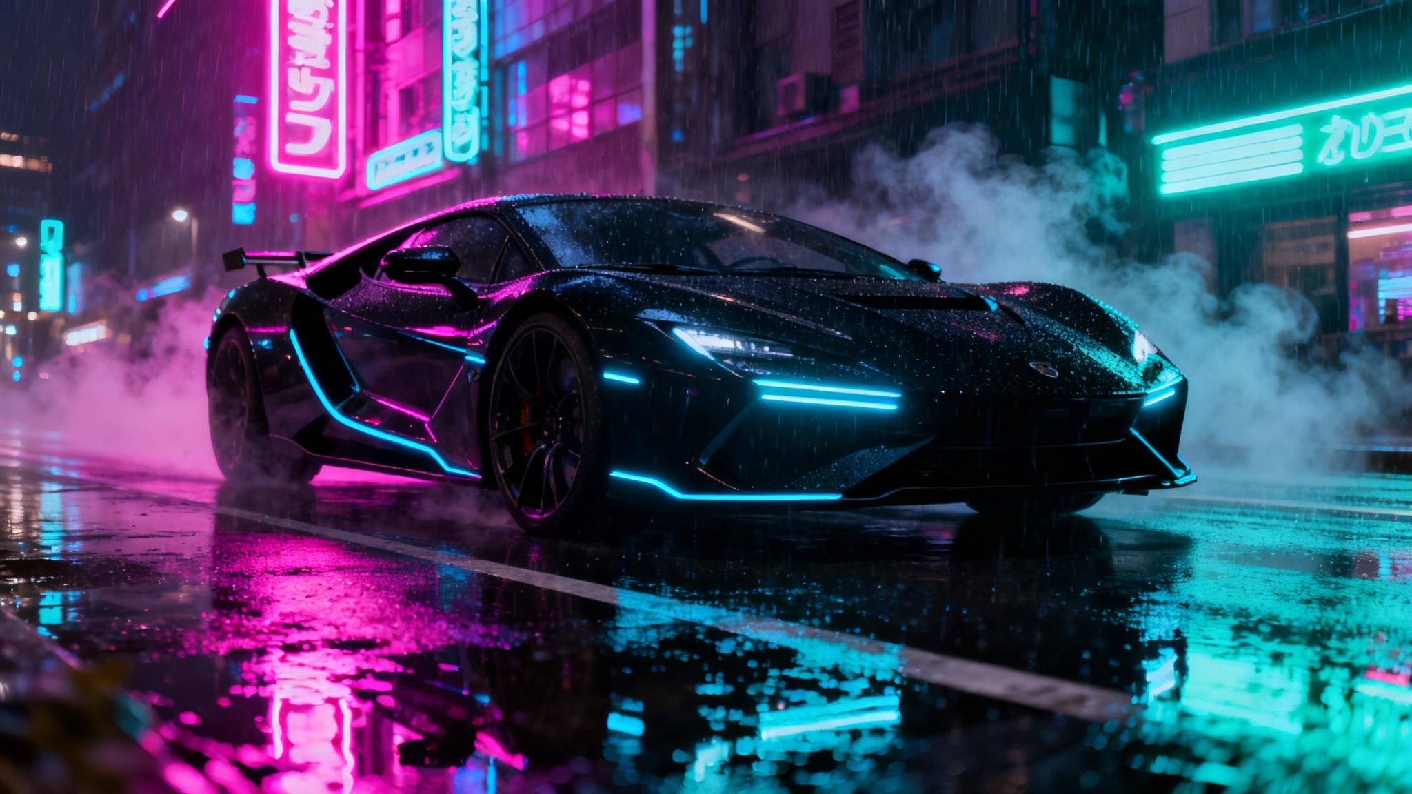A futuristic black supercar with glowing blue neon trim parked on a wet city street at night, with vibrant pink and blue neon lights reflecting on the ground.