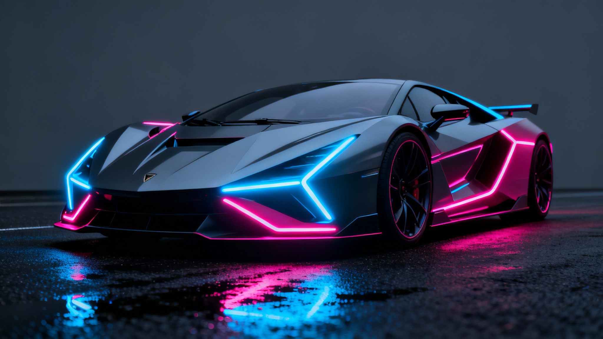 A futuristic supercar with glowing blue and pink neon lights, showcased from a low angle on a dark, reflective surface against a plain background, creating a high-tech wallpaper.
