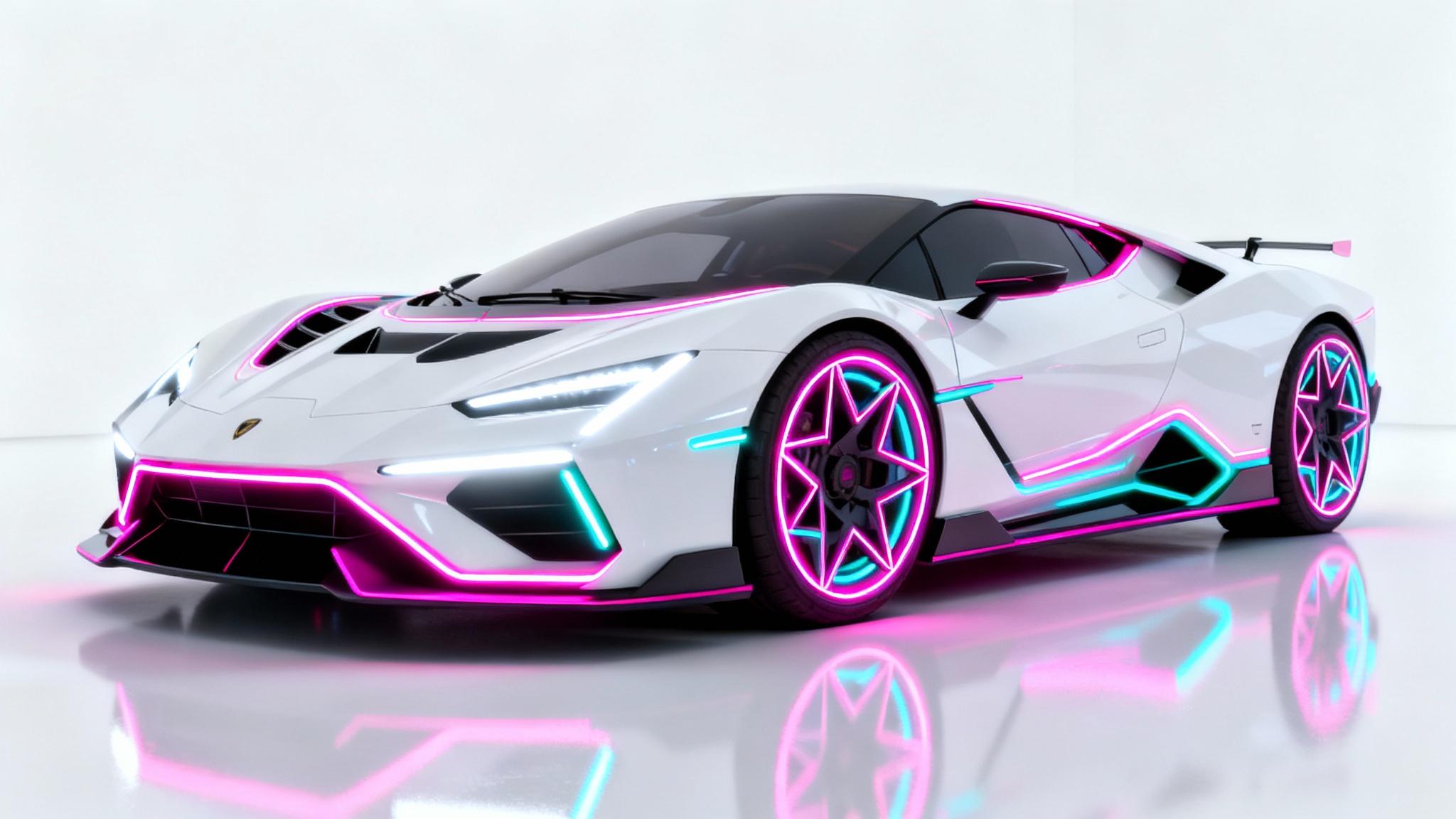 A futuristic white supercar with glowing magenta and cyan neon lights, showcased from a low angle against a plain white background.
