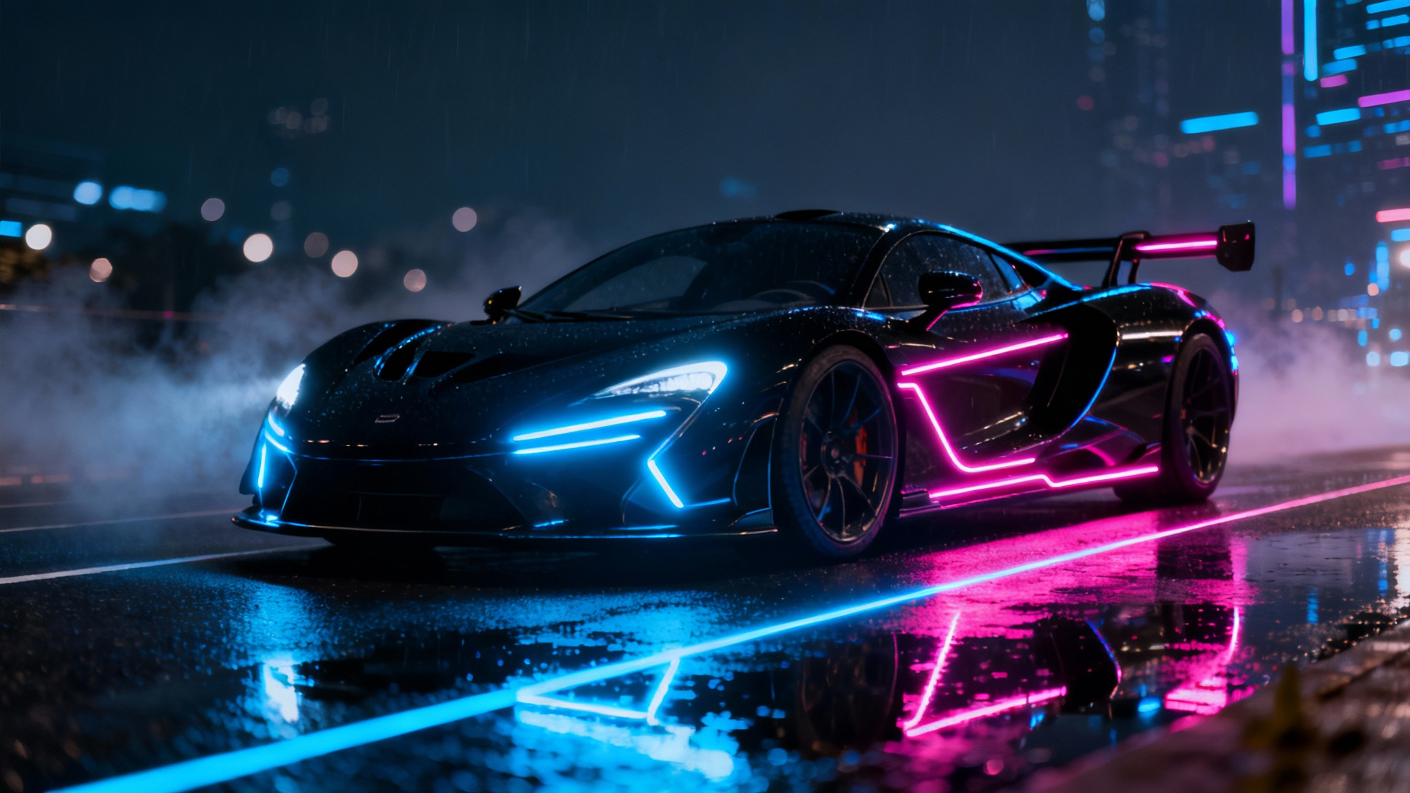 A futuristic black supercar with glowing blue and pink neon accents, parked on a wet city street at night, creating colorful reflections on the ground.