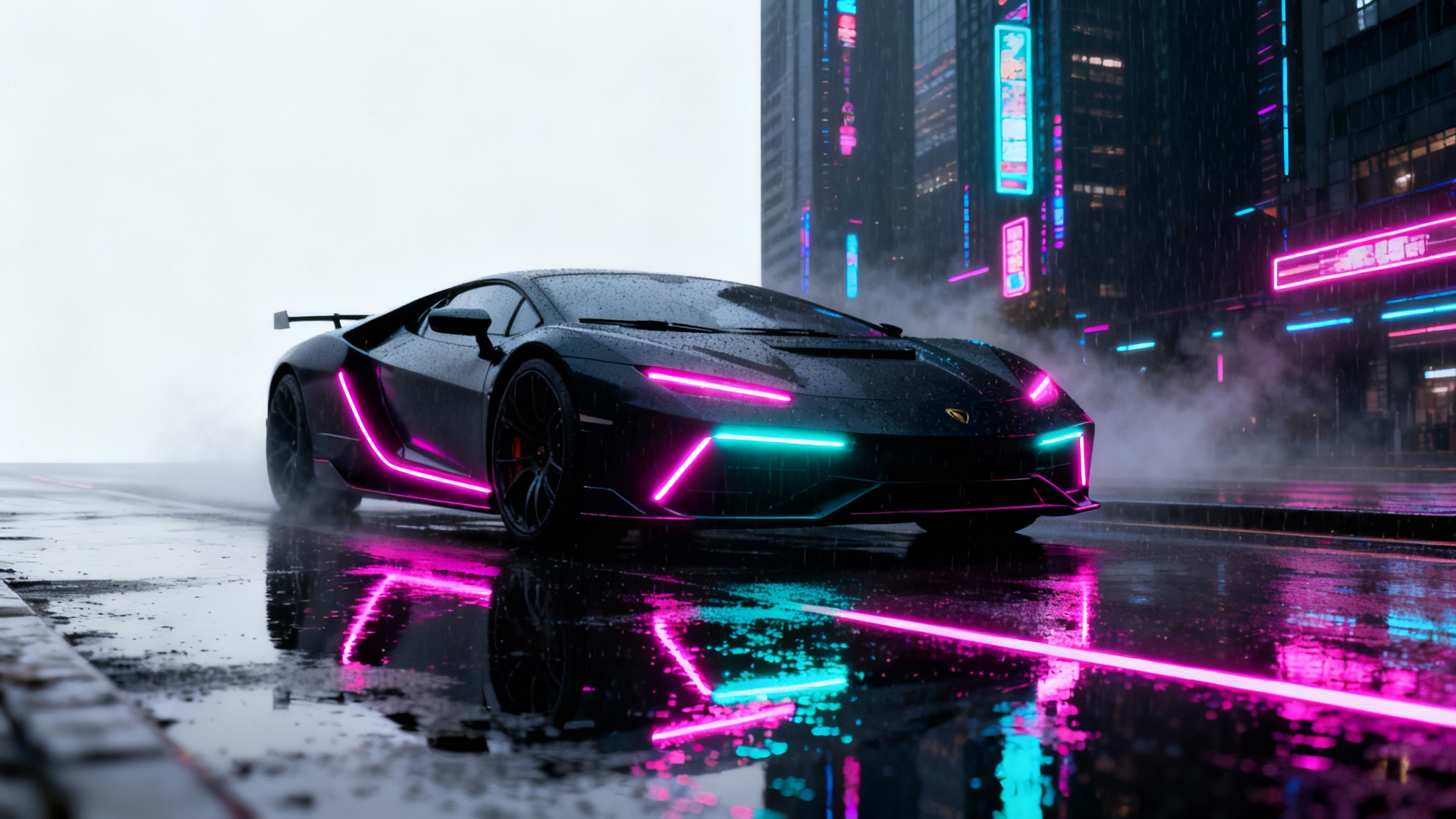 A sleek black supercar with glowing pink and blue neon lights on a wet city street at night, reflecting its colors on the pavement.