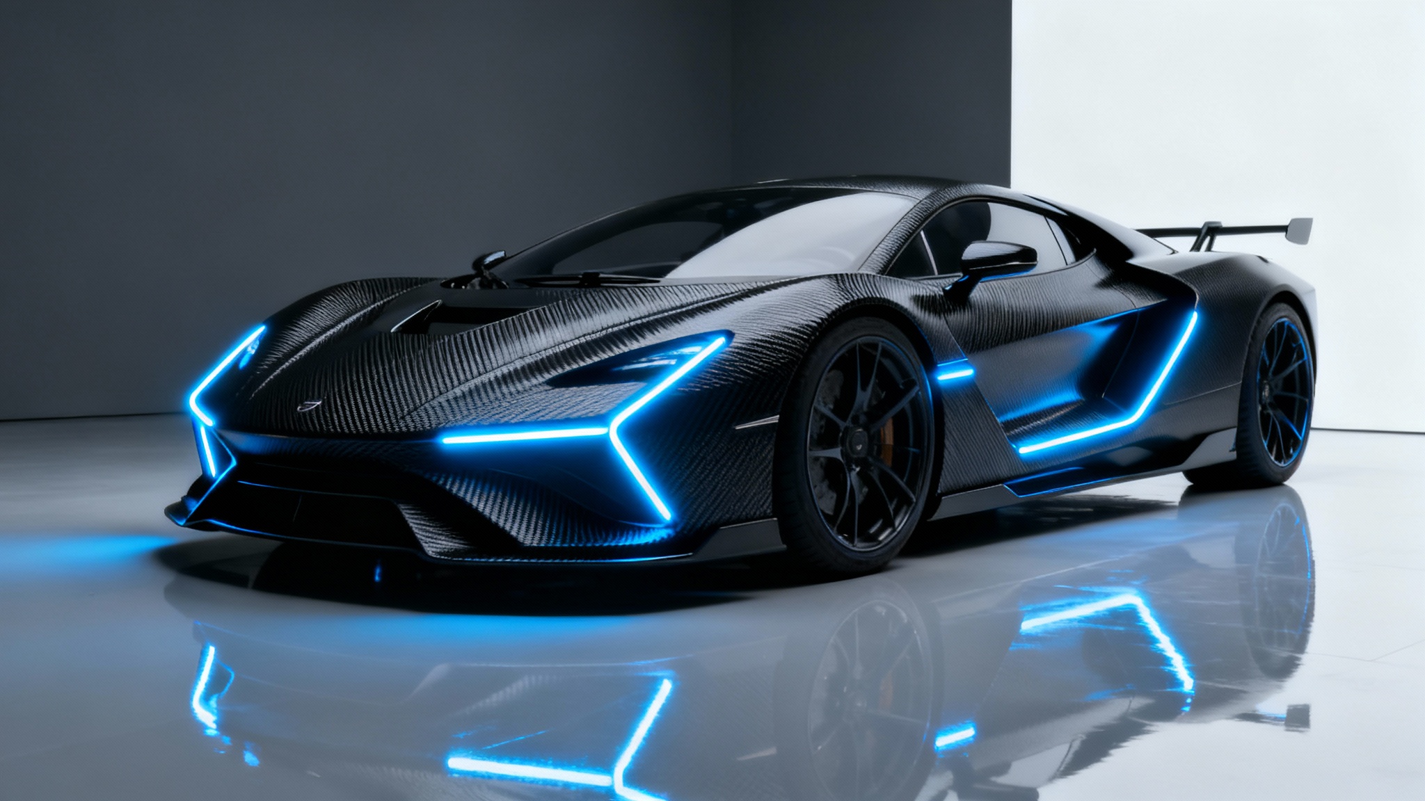 A futuristic supercar with a matte black finish and glowing blue neon lights, showcased against a clean, dark studio background, creating a high-end wallpaper design.