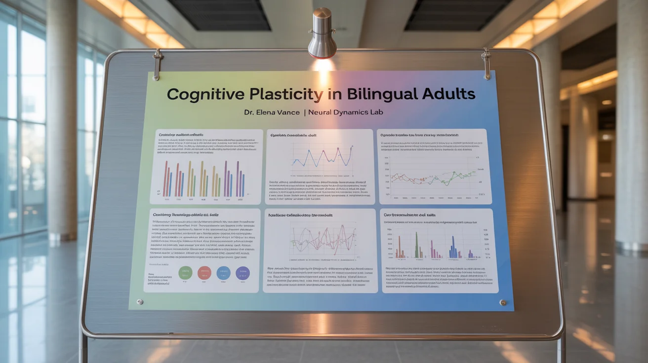 A professionally designed academic poster on the topic of cognitive plasticity, displayed on a stand in a modern setting.