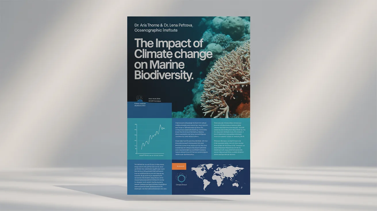 A professional academic poster mockup on the impact of climate change on marine biodiversity, featuring graphs and photos, displayed against a white background.