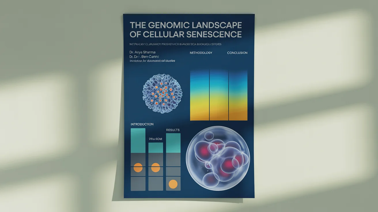 A professionally designed academic poster on cellular senescence, featuring various charts, diagrams, and microscopic images, displayed against a plain, light background.