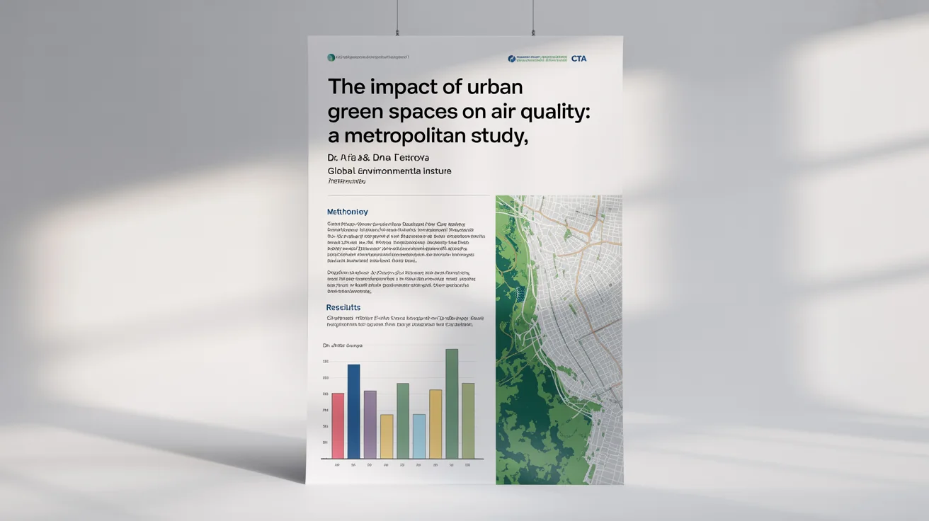 A professional academic poster mockup about urban green spaces and air quality, displayed against a plain white background. The poster includes a title, charts, and text sections.