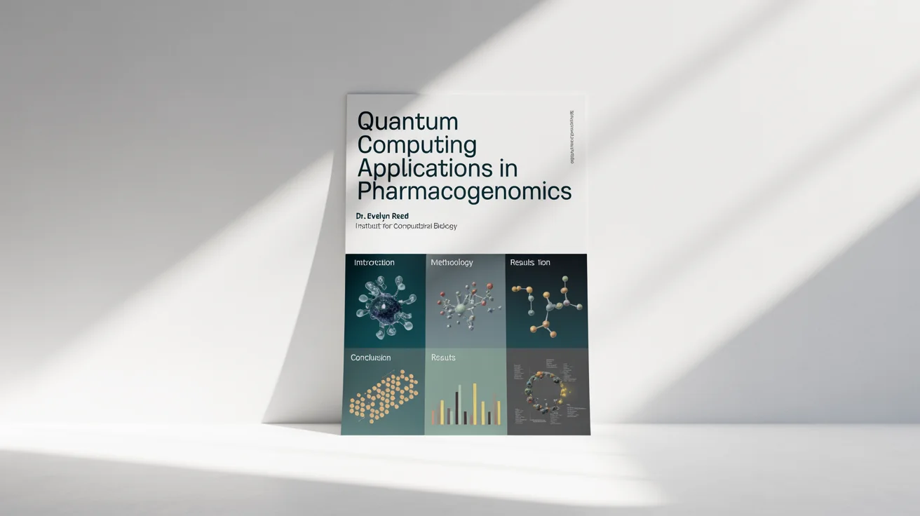 A mockup of a professional academic poster on a white background, with the title 'Quantum Computing Applications in Pharmacogenomics', showcasing a clean layout with charts and diagrams.