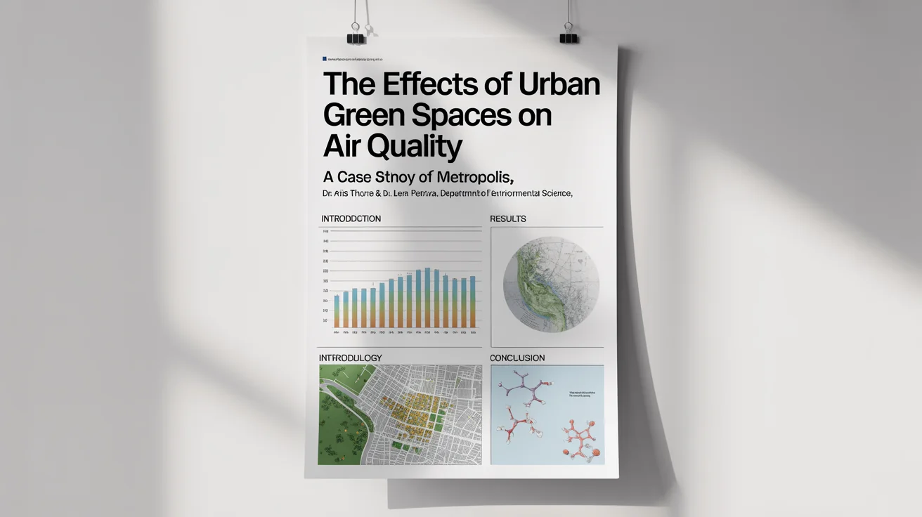 A professional academic poster mockup about the effects of urban green spaces on air quality, featuring charts and maps, displayed against a white background.