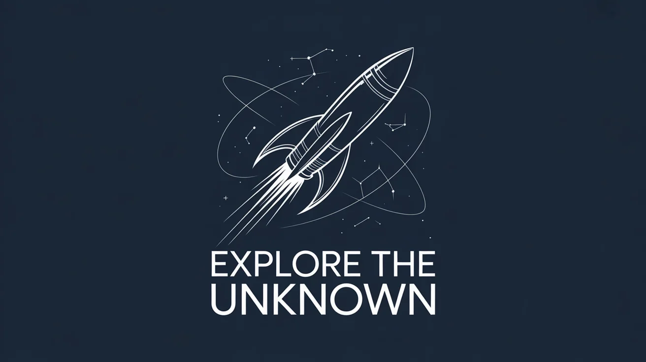 A professional graphic design poster showing a white line art rocket ship on a dark blue background, with minimalist stars and the text 'EXPLORE THE UNKNOWN' below it.