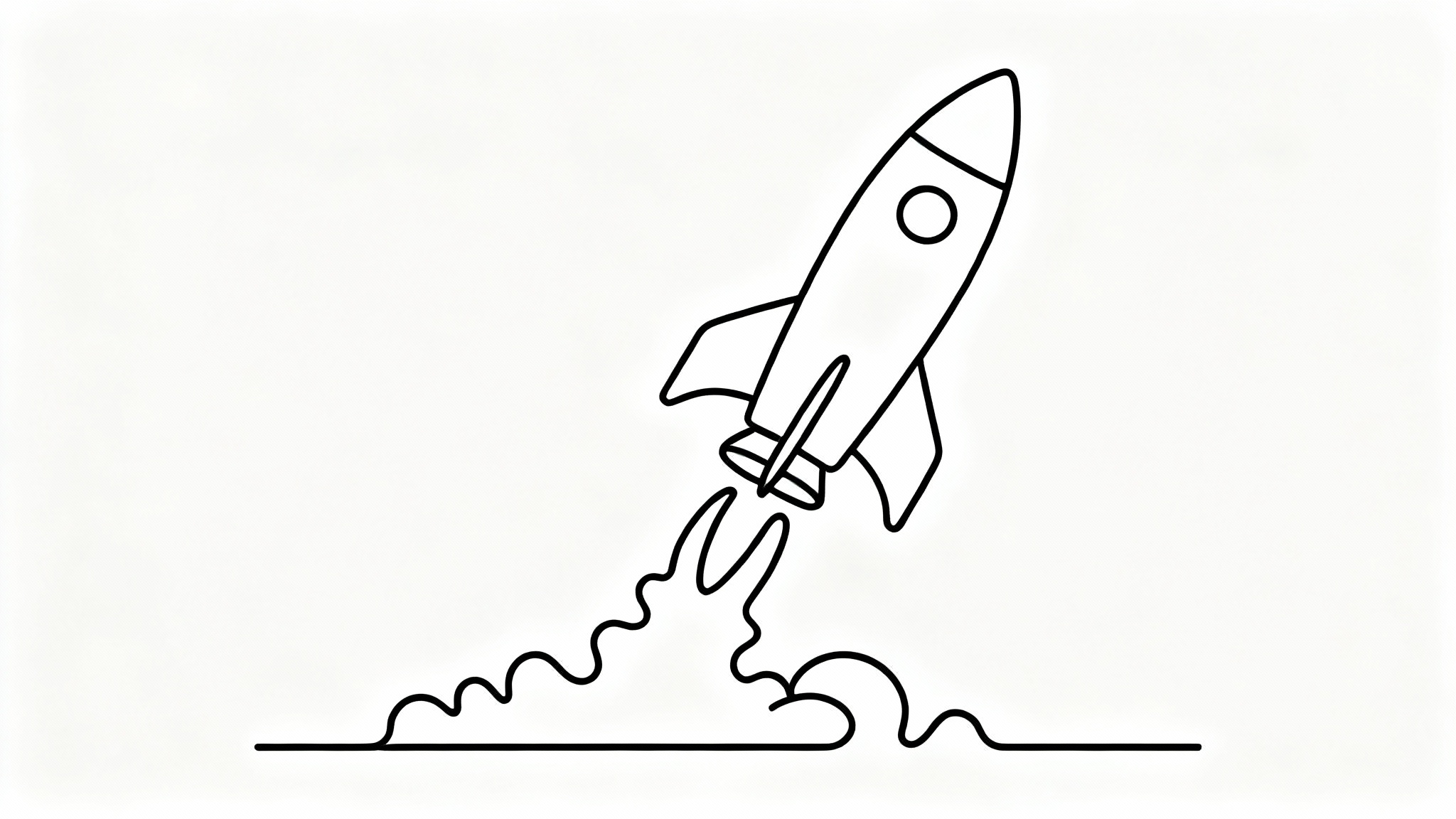 A minimalist black line art illustration of a rocket ship, depicted in a single continuous line, launching against a stark white background.