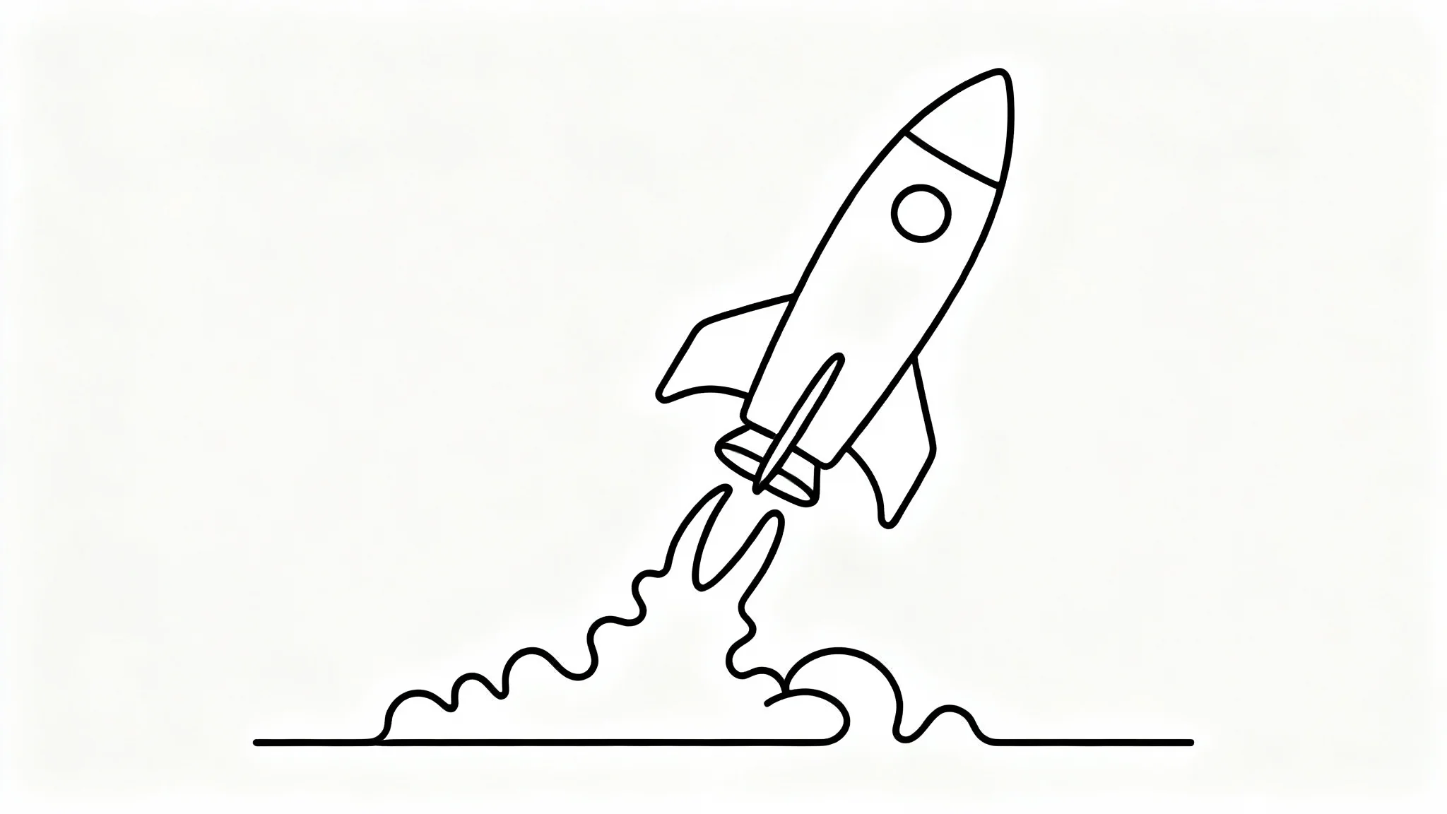 A minimalist black line art illustration of a rocket ship, depicted in a single continuous line, launching against a stark white background.
