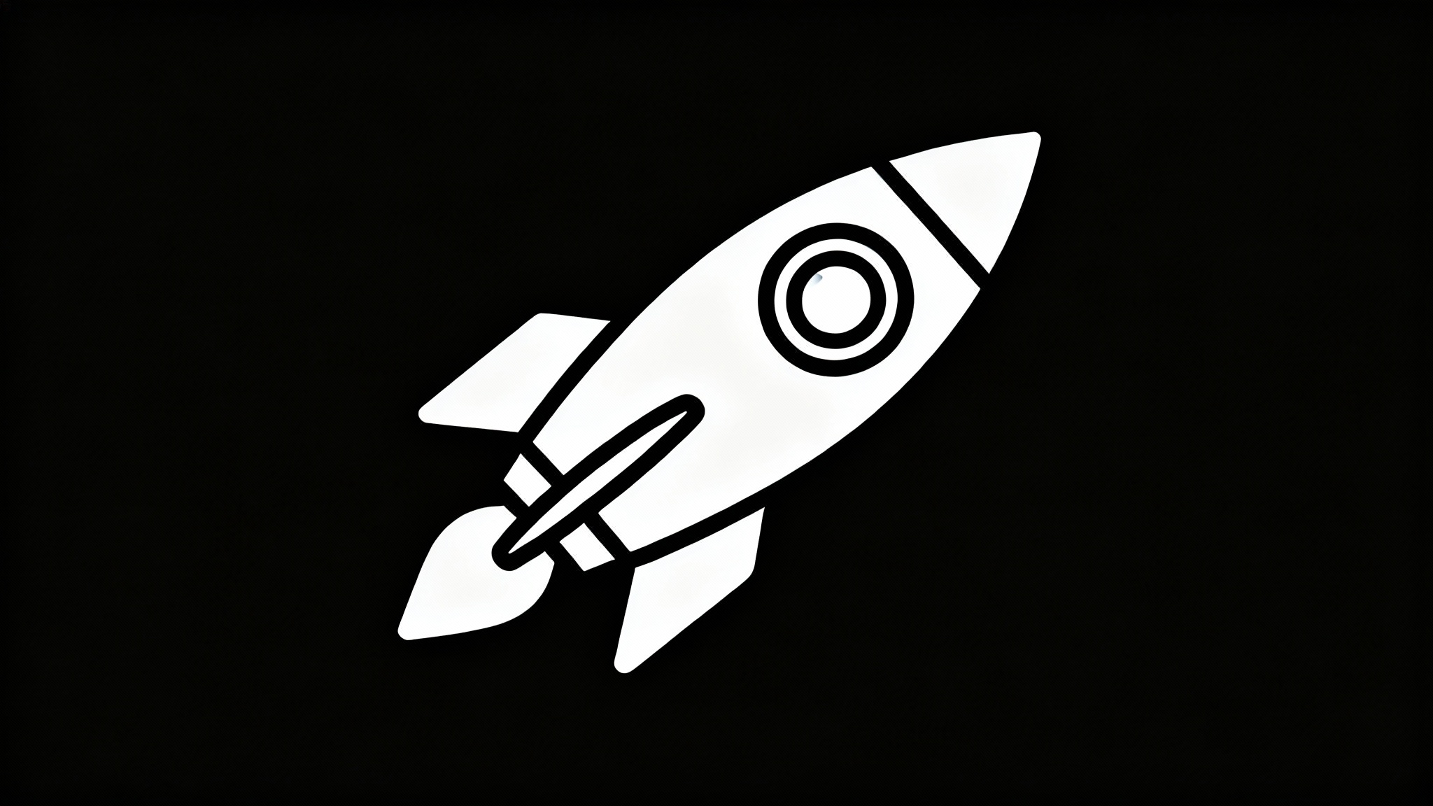 A simple black line art drawing of a classic rocket ship, isolated on a white background in a minimalist style.
