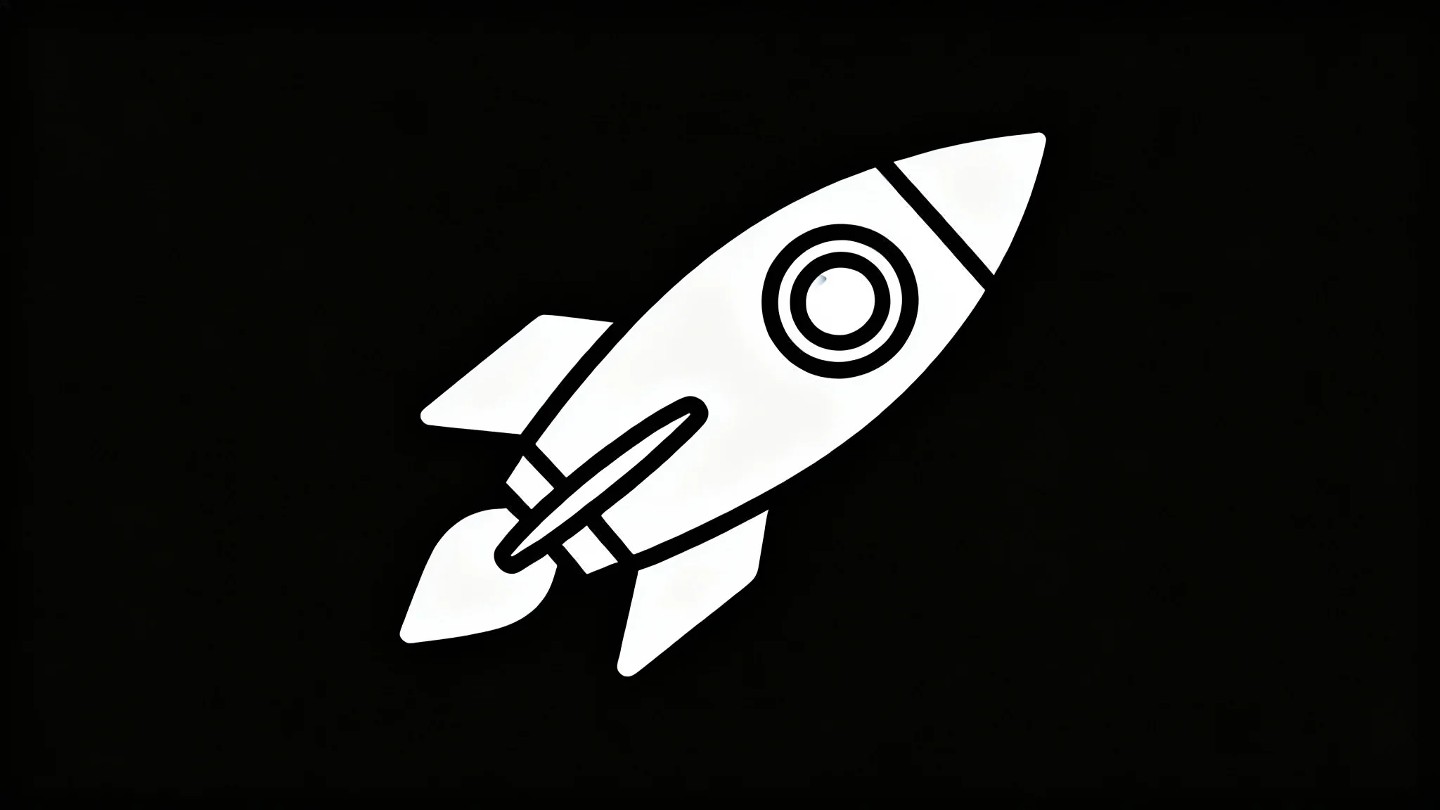 A simple black line art drawing of a classic rocket ship, isolated on a white background in a minimalist style.