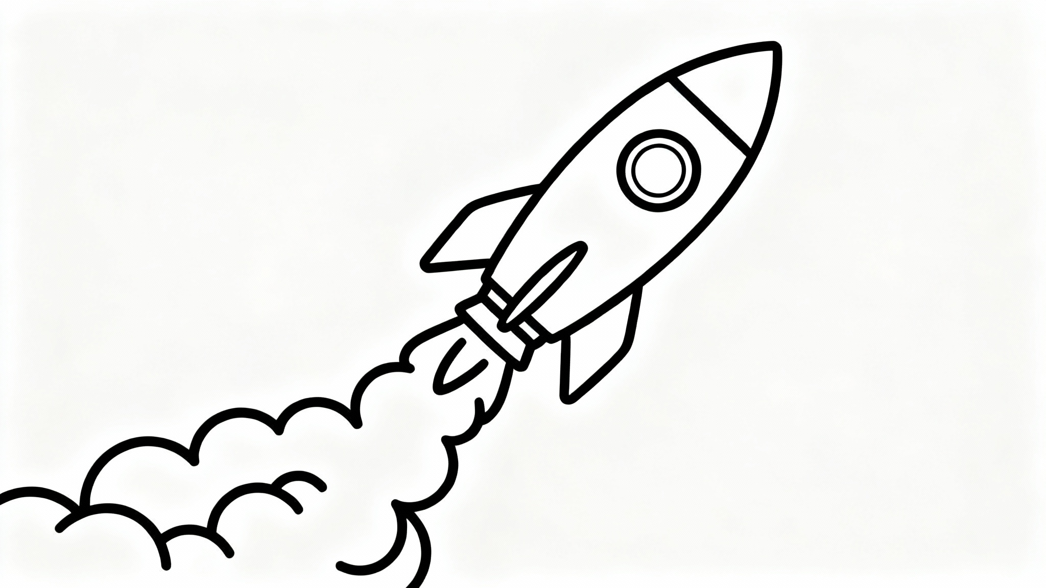 A minimalist black line art drawing of a retro rocket ship launching, depicted with a single continuous line against a stark white background.