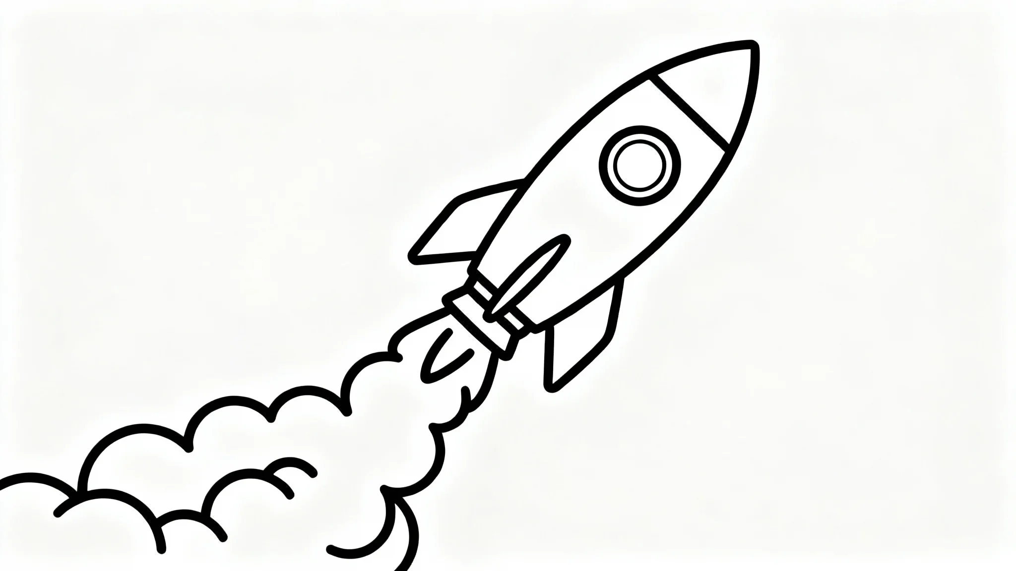 A minimalist black line art drawing of a retro rocket ship launching, depicted with a single continuous line against a stark white background.