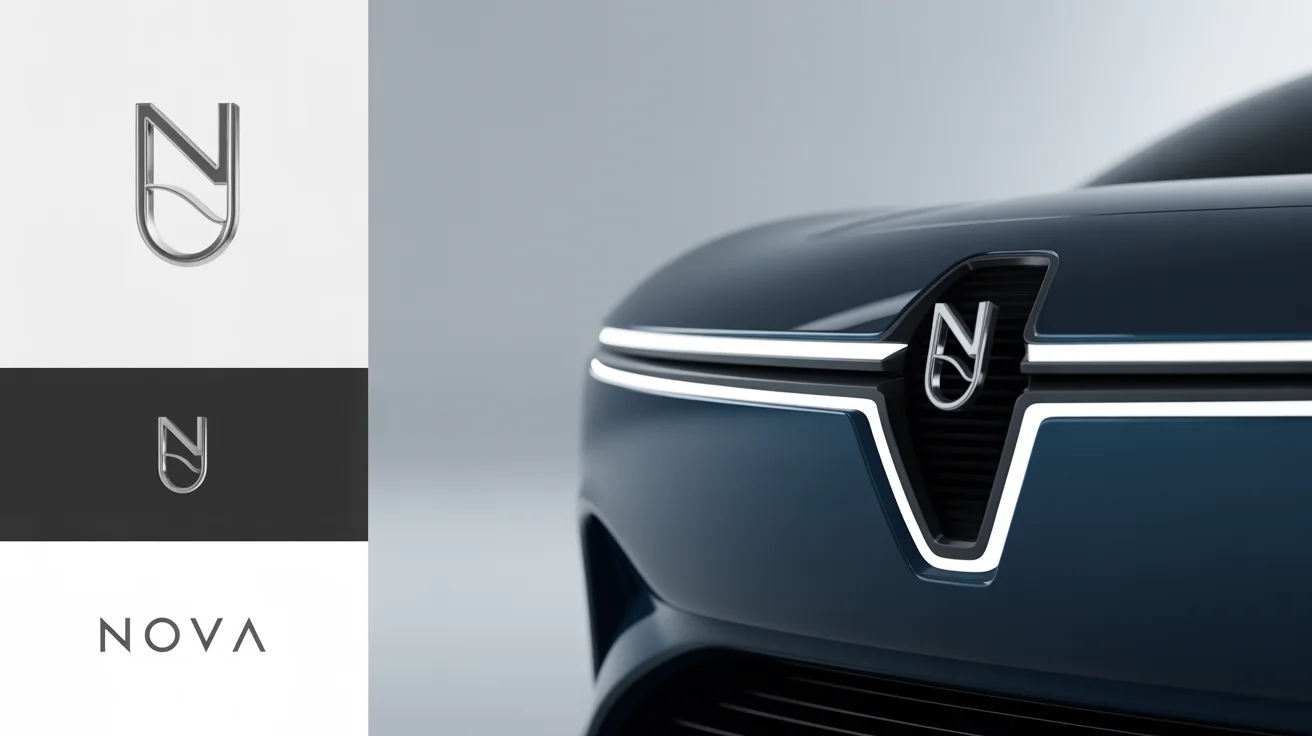 A professional brand presentation for a luxury car company named 'NOVA', showing its sleek logo and a close-up of the chrome emblem on a futuristic car.