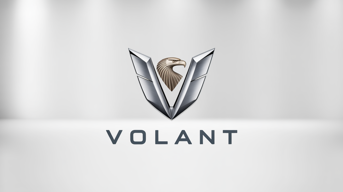 A modern logo for a fictional luxury car brand named 'Volant.' The logo features a polished chrome emblem of a stylized eagle's head, with the word 'VOLANT' in a bold, dark grey font below it, all on a clean white background.