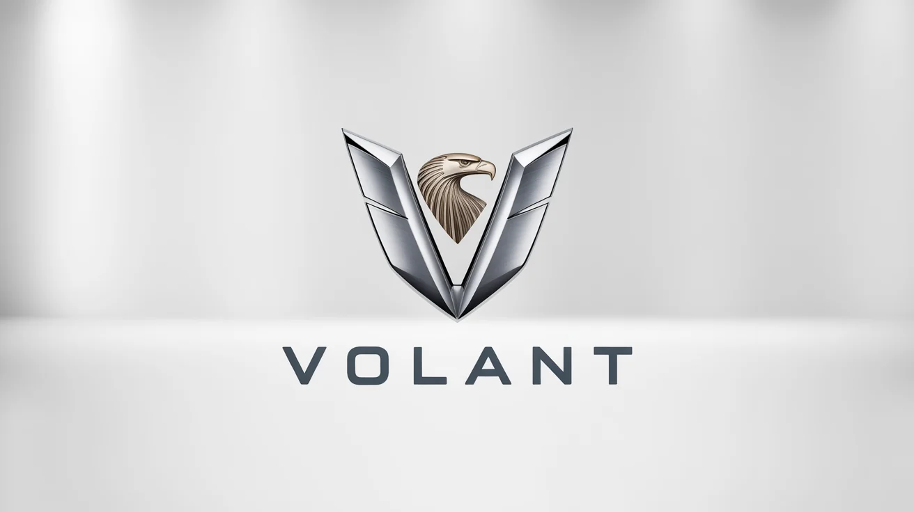 A modern logo for a fictional luxury car brand named 'Volant.' The logo features a polished chrome emblem of a stylized eagle's head, with the word 'VOLANT' in a bold, dark grey font below it, all on a clean white background.