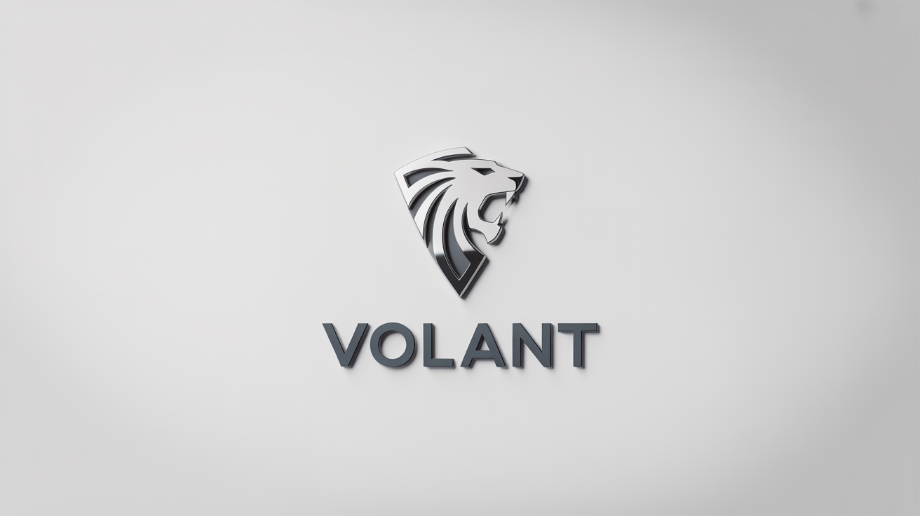 A 3D mockup of a luxury car brand logo for a fictional brand named 'VOLANT', featuring a polished chrome geometric lion head emblem, set against a clean white background.