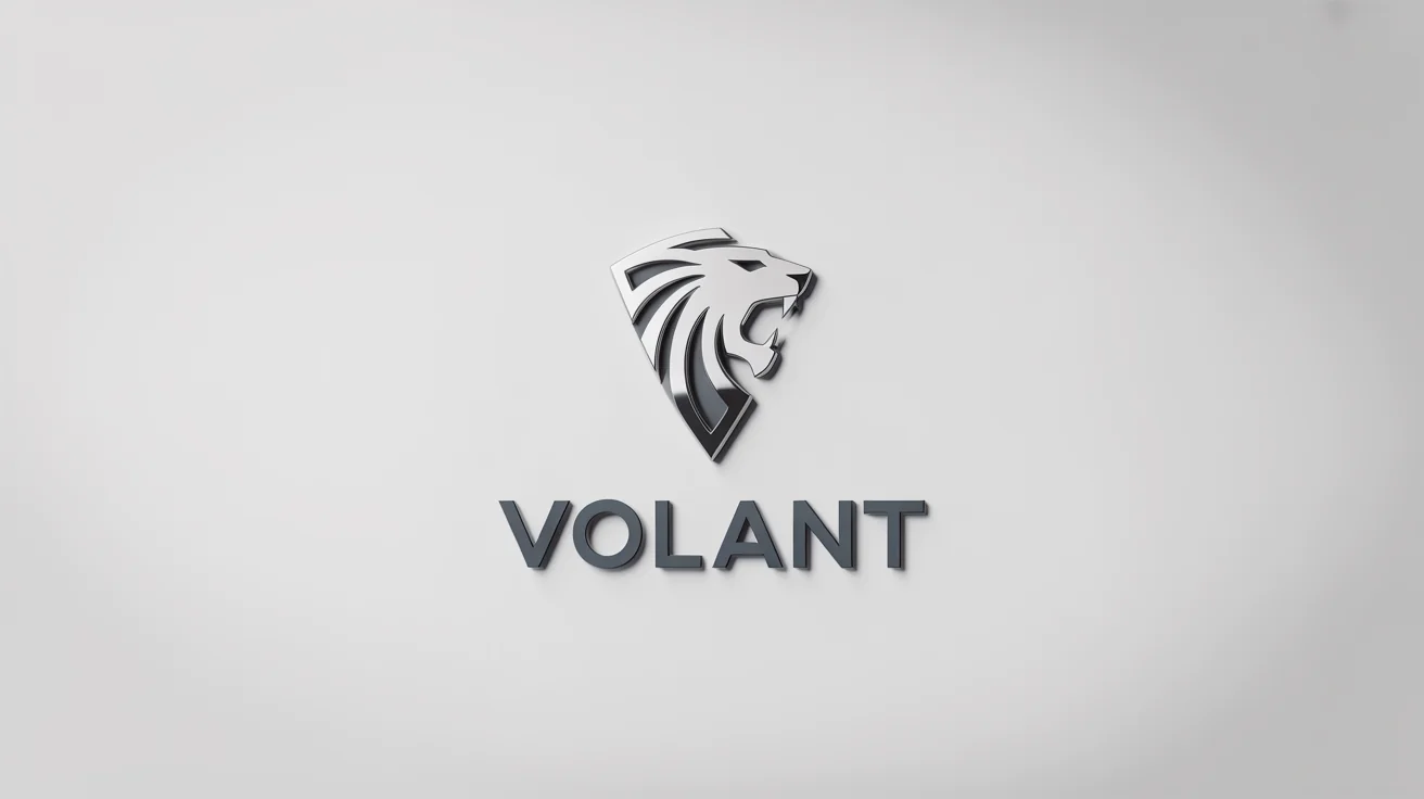 A 3D mockup of a luxury car brand logo for a fictional brand named 'VOLANT', featuring a polished chrome geometric lion head emblem, set against a clean white background.